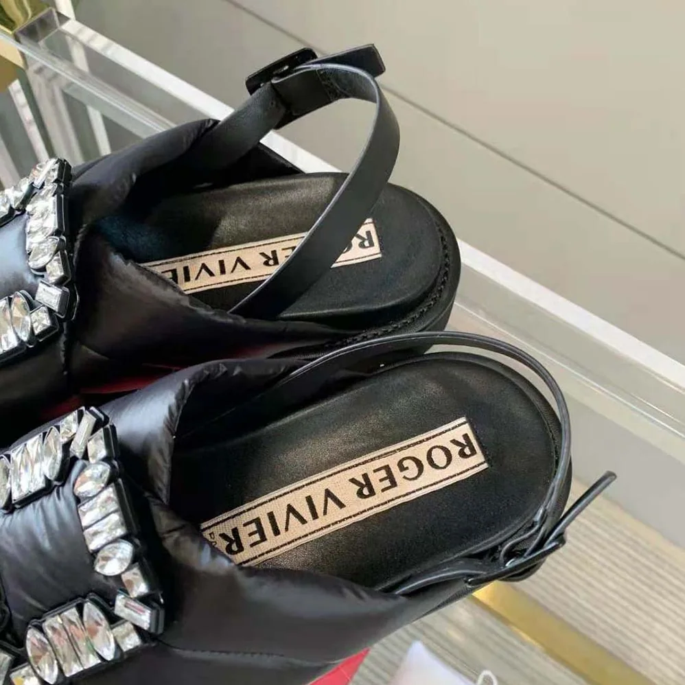 Roger Vivier Viv Winter Puffy Strass Buckle Sandals in Fabric for Women in Black Roger Vivier Viv Winter Puffy Strass Buckle Sandals in Fabric for Women in Black