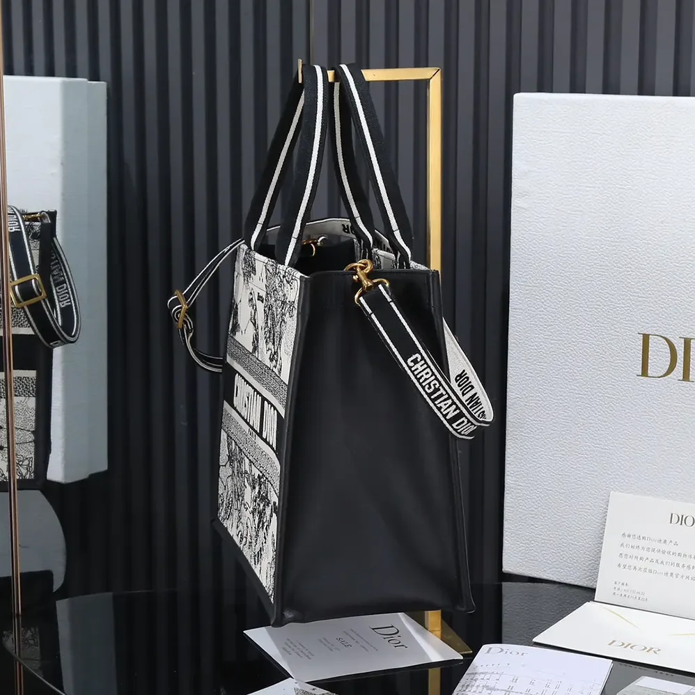 Dior Medium Dior Book Tote Latte and Black Dior Zodiac Embroidery with Black Calfskin for Women