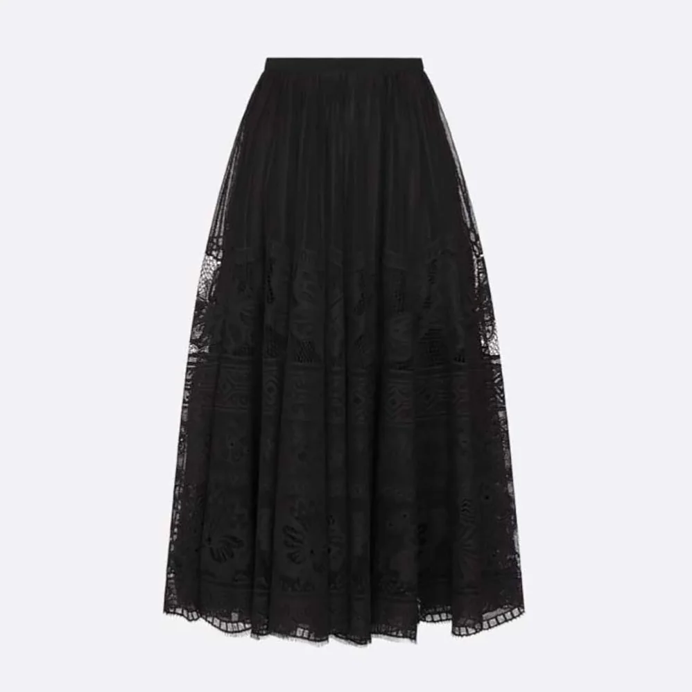 Dior Flared Mid-Length Skirt Black Technical Cotton Lace with D for Women in Lace Butterfly Motif Dior Flared Mid-Length Skirt Black Technical Cotton Lace with D for Women in Lace Butterfly Motif
