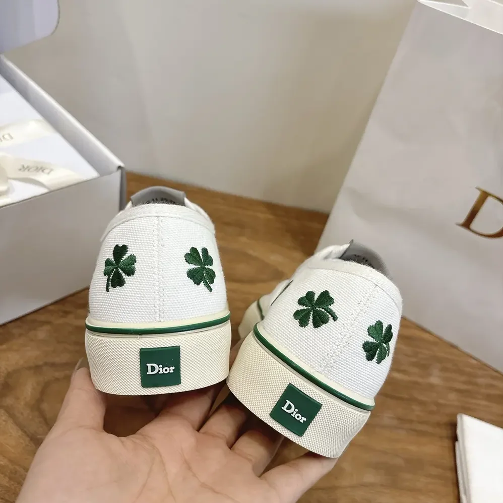 Dior Saltwind Sneaker White Cotton Embroidered with Bright Green Dior Clover Motif for Unisex