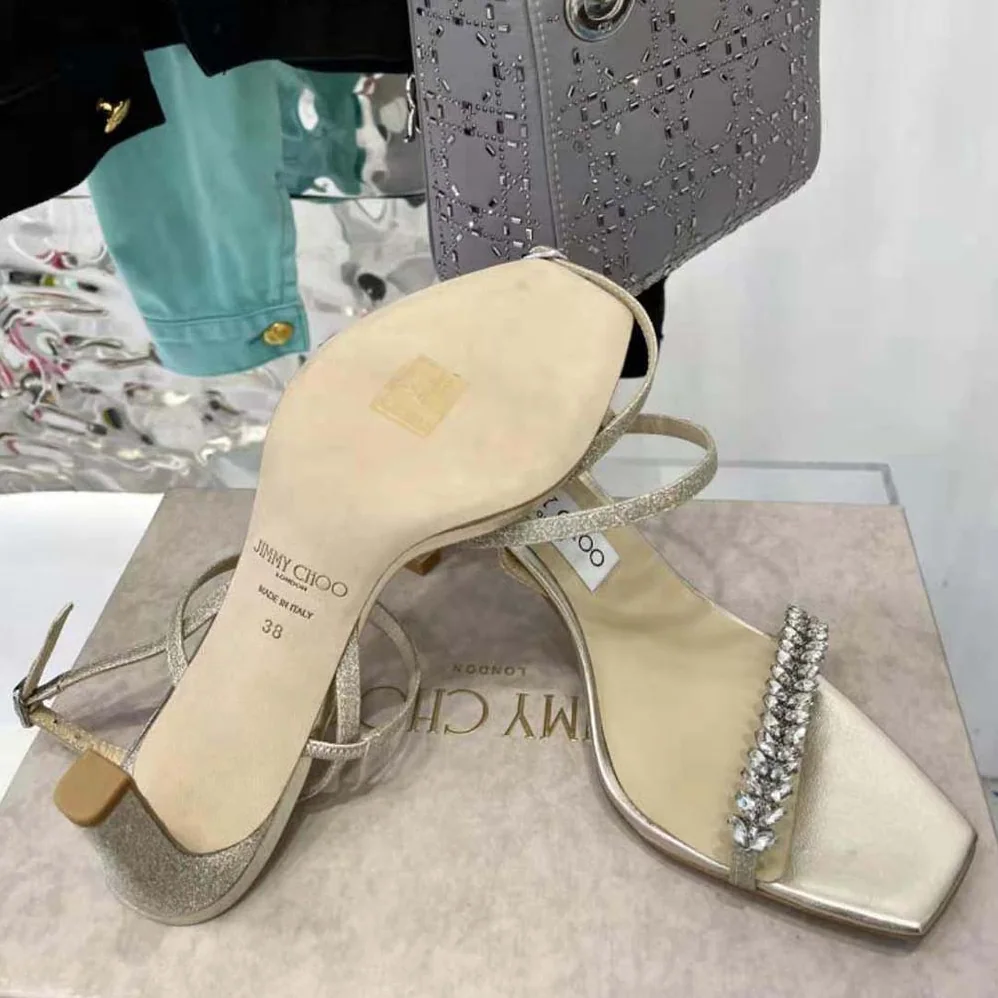 Jimmy Choo Meira 85 Platinum Lce Dusty Glitter Sandals for Women