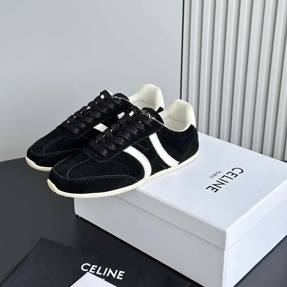 Celine Jogger Low Lace up Sneaker with Triomphe in Suede Calfskin for Unisex in Black