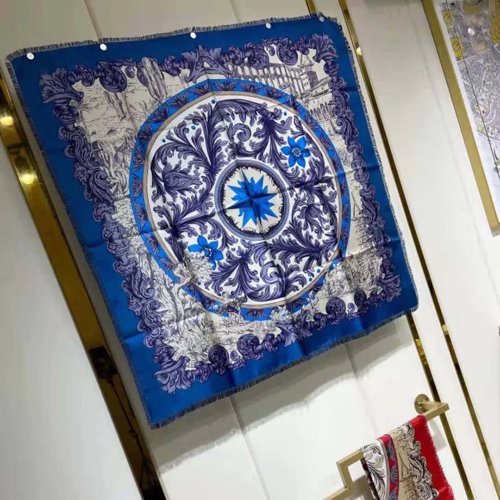 Dior Rose Des Vents 90 Square Scarf Royal Blue and White Silk Twill for Women