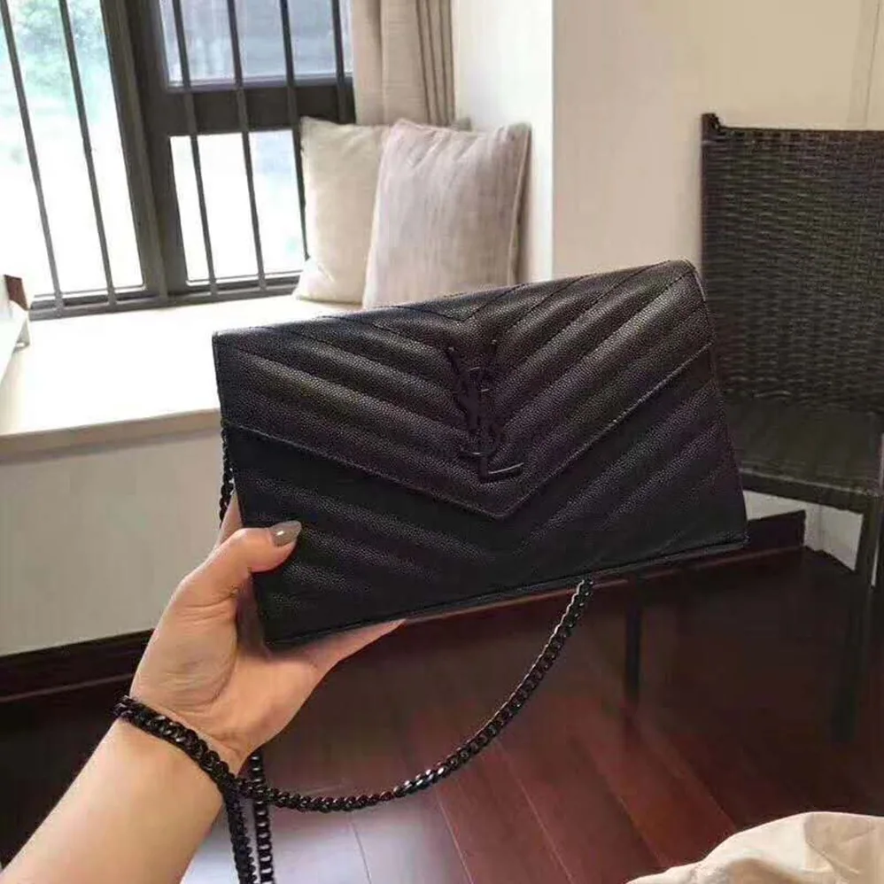 Saint Laurent Monogram Chain Wallet Grain De Poudre Embossed in Black