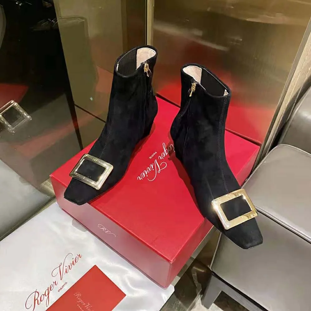 Roger Vivier Belle Vivier Metal Buckle Chelsea Booties in Suede for Women