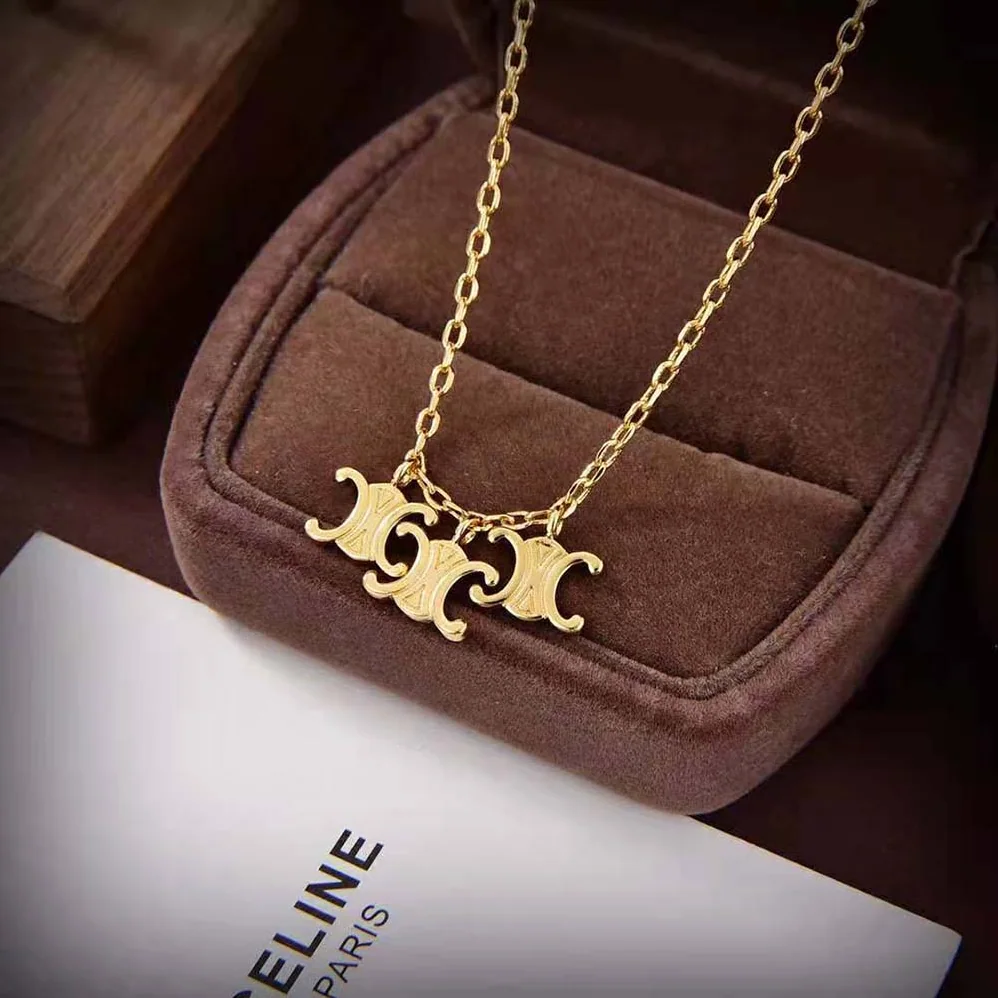 Celine Triomphe Trio Necklace in Brass with Gold Finish for Women