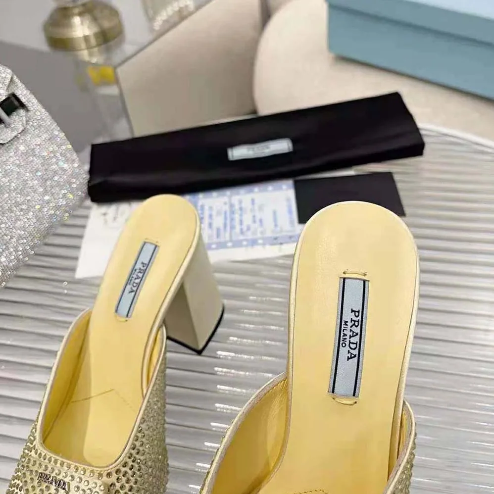 Prada High-Heeled Satin Slides with Crystals for Women in Yellow