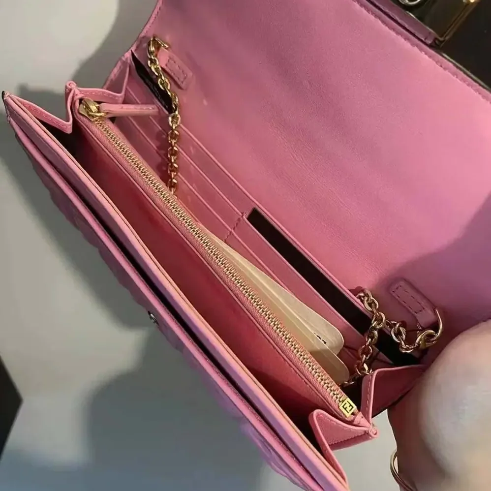 Fendi Baguette Continental Wallet With Chain Pink Nappa Leather Wallet for Women