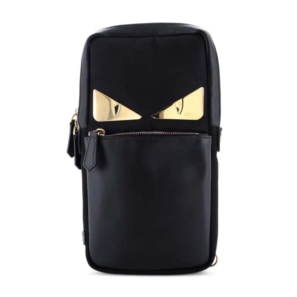 Fendi Monster Sling Bag Nylon And Leather Medium Crossbody Bag In Black for Men Fendi Monster Sling Bag Nylon And Leather Medium Crossbody Bag In Black for Men