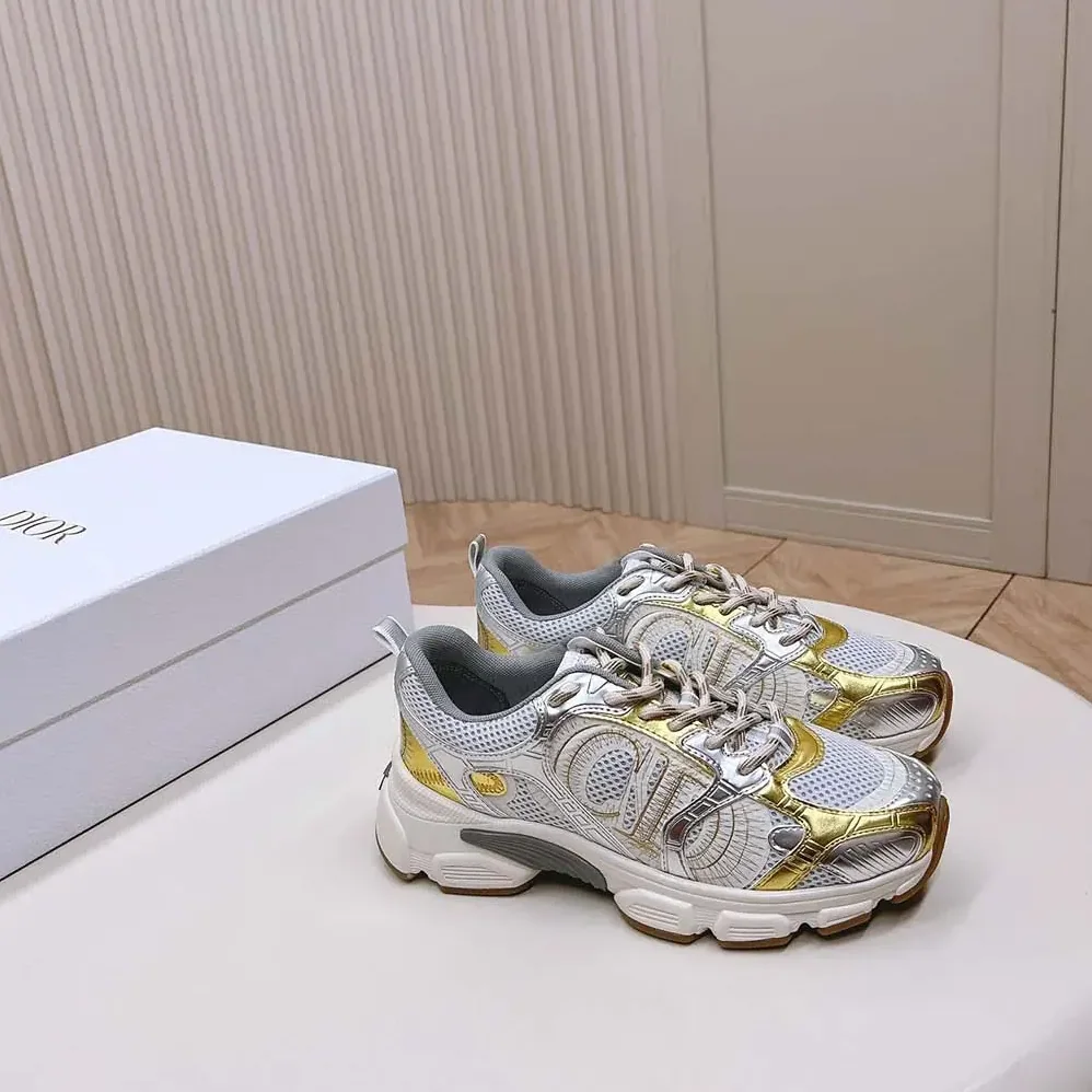 Dior Chrono Sneaker Beige Mesh with Gold-Tone and Silver-Tone Laminated Leather for Women in Effect Panels