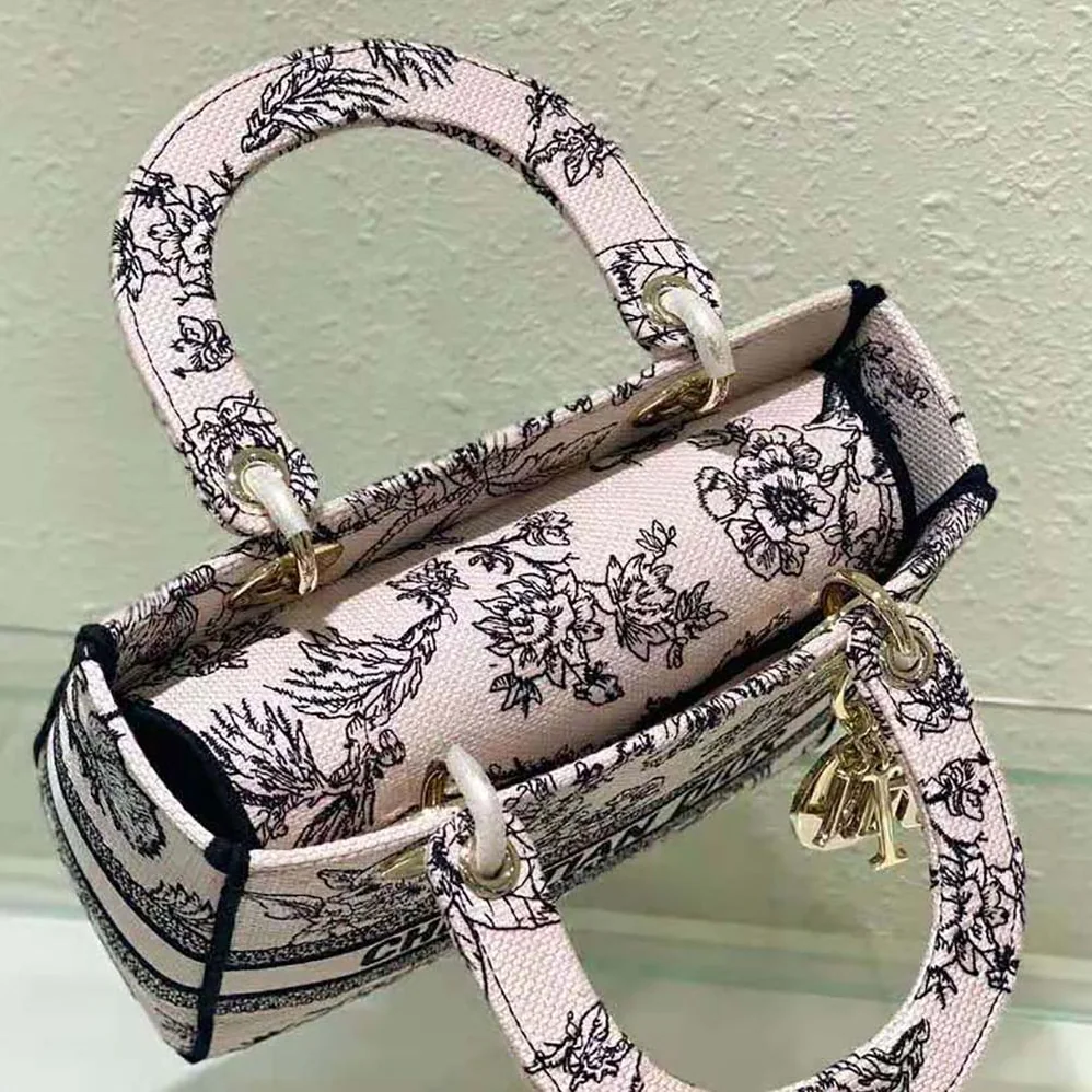 Dior Medium Lady D-lite Bag Powder Pink Dior Jardin Botanique Embroidery for Women