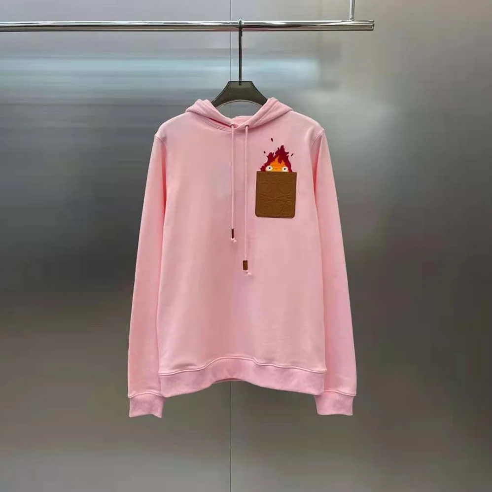 Loewe Calcifer Leather Patch Hoodie in Cotton for Women in Pink Loewe Calcifer Leather Patch Hoodie in Cotton for Women in Pink