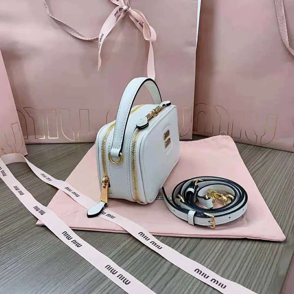 Miu Miu Arcadie Leather Bag with Metal Lettering Logo for Women in White Miu Miu Arcadie Leather Bag with Metal Lettering Logo for Women in White
