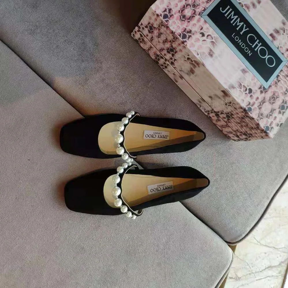 Jimmy Choo Ade Flat Ballet Black Suede Flats with Pearl Embellishment for Women