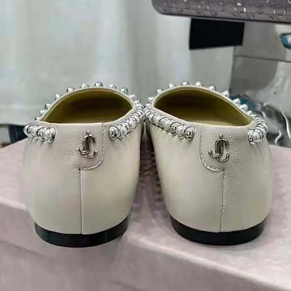 Jimmy Choo Mirele Flat Latte Nappa Leather Flats with Pearl Outline for Women