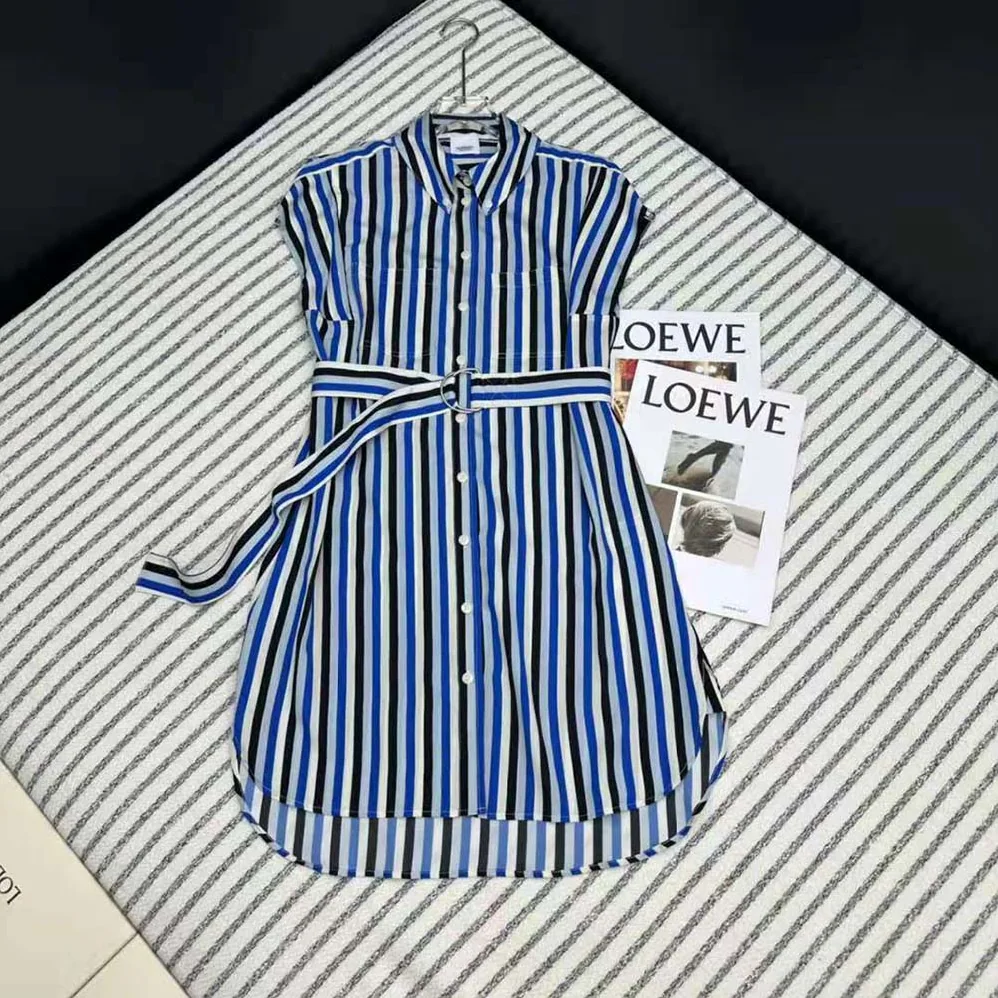 Burberry Striped Silk Shirt Dress for Women in Blue