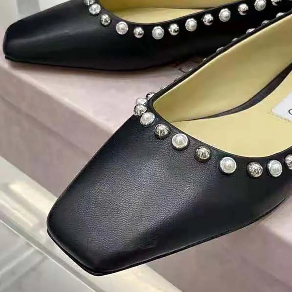 Jimmy Choo Mirele Flat Black Nappa Leather Flats with Pearl Outline for Women Jimmy Choo Mirele Flat Black Nappa Leather Flats with Pearl Outline for Women