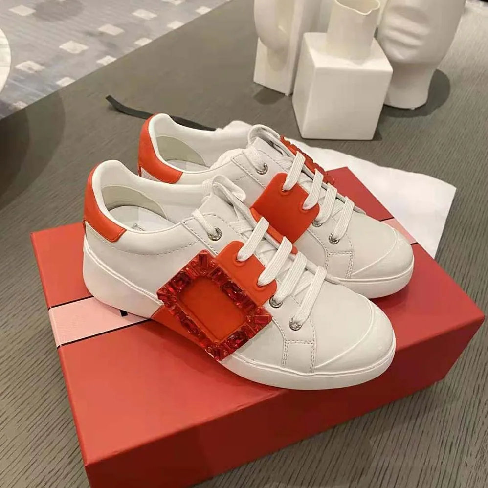 Roger Vivier Viv Skate Strass Buckle Sneakers in Soft Leather for Women in Red
