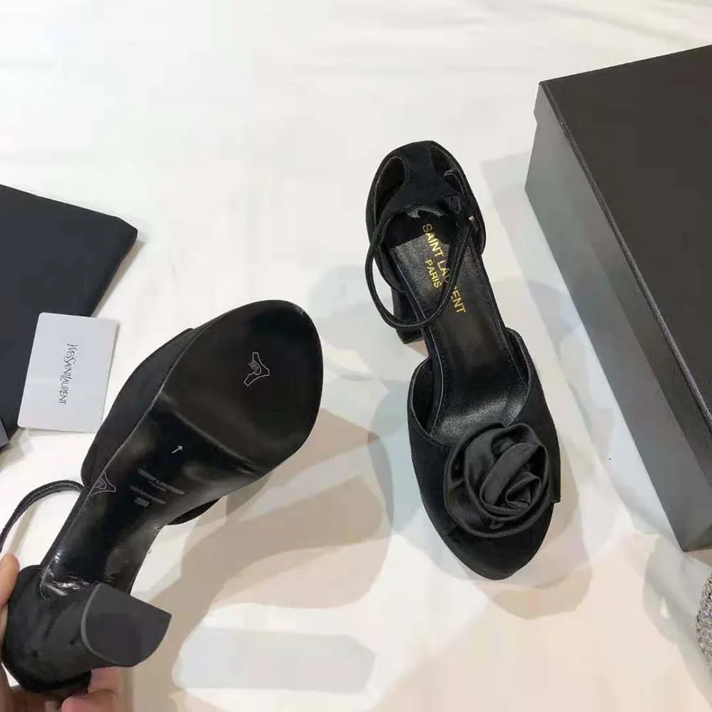 Saint Laurent YSL Jodie Platform Sandals in Suede with Silk Satin Flower for Women in Black Saint Laurent YSL Jodie Platform Sandals in Suede with Silk Satin Flower for Women in Black