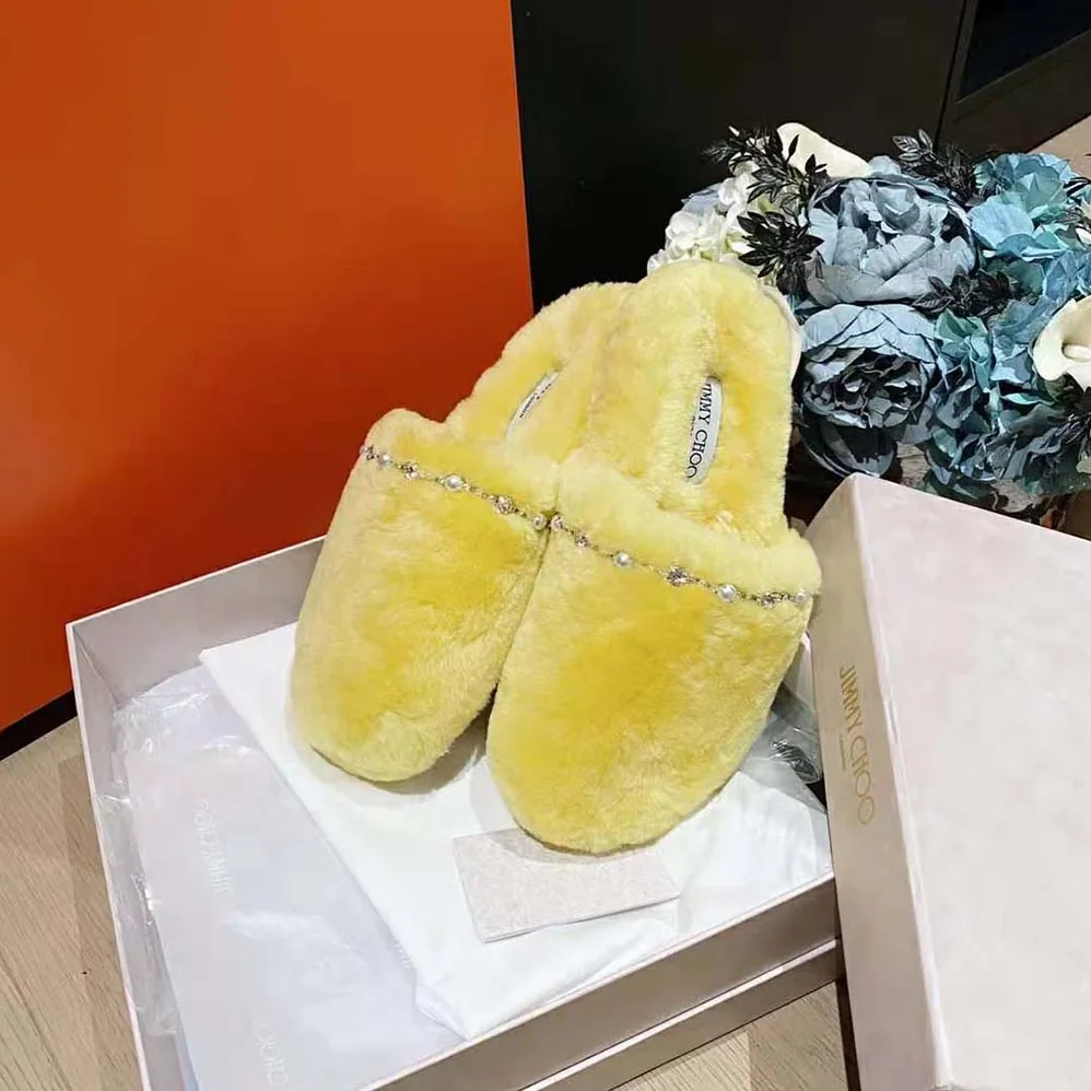 Jimmy Choo Aliette Flat Mimosa Shearling Slippers for Women in Yellow Jimmy Choo Aliette Flat Mimosa Shearling Slippers for Women in Yellow