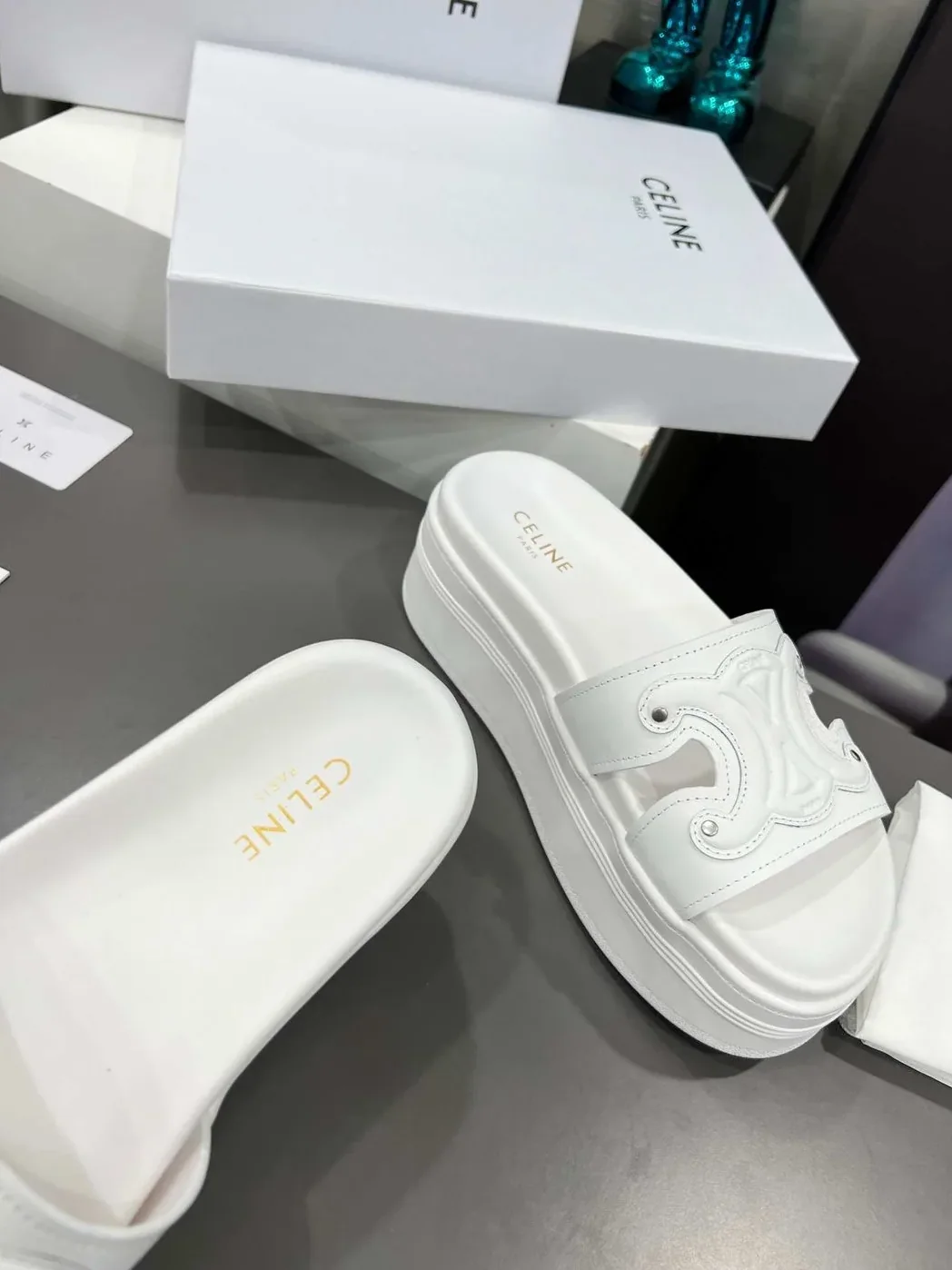 Celine Triomphe Block Slide White Celine Triomphe Block Slide White