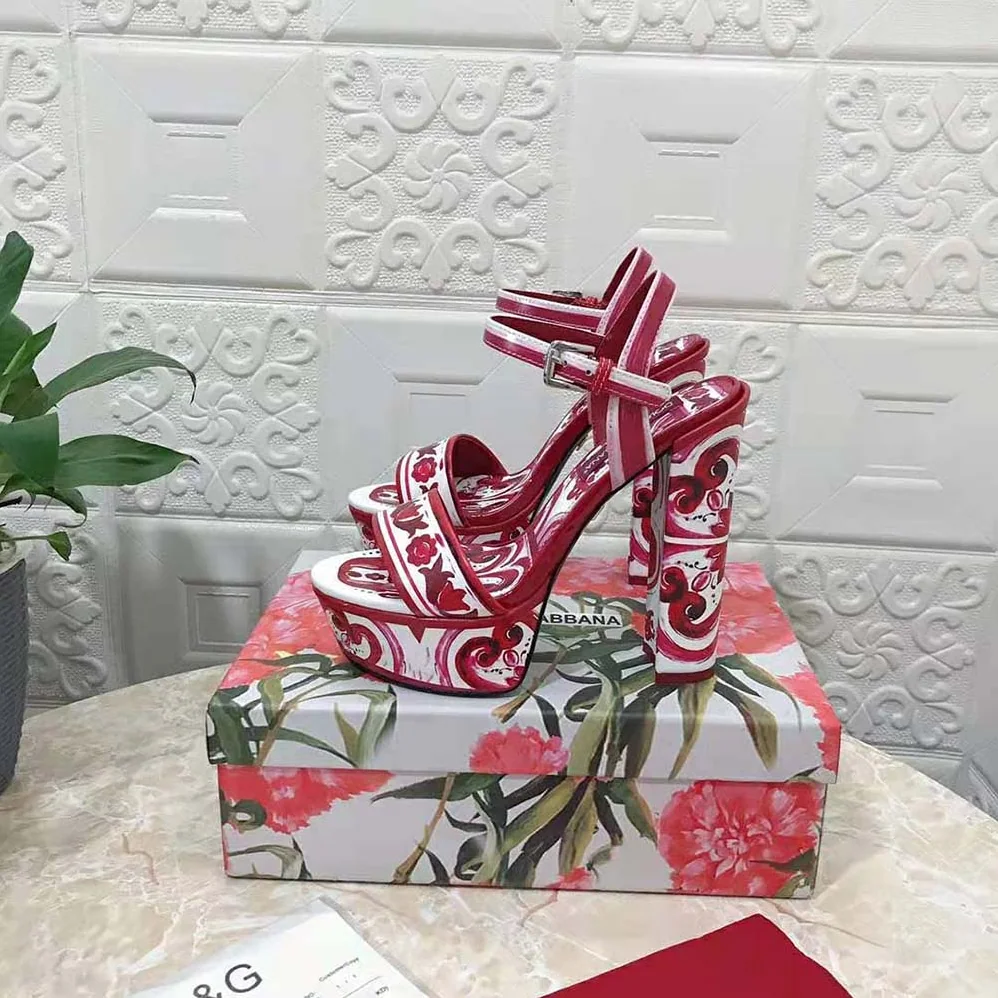 Dolce Gabbana D&G Printed Polished Calfskin Platform Sandals for Women Dolce Gabbana D&G Printed Polished Calfskin Platform Sandals for Women