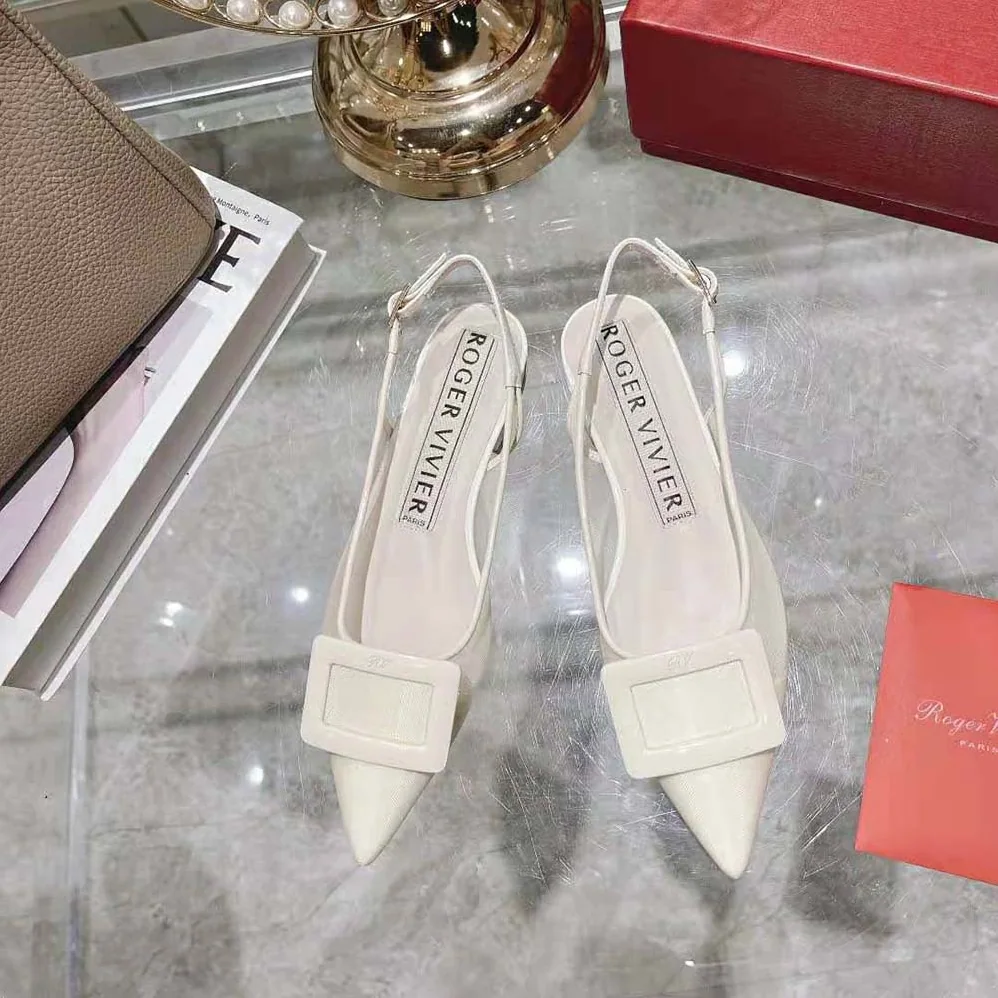 Roger Vivier Gommettine Net Lacquered Buckle Slingback Ballerinas in Fabric for Women in White