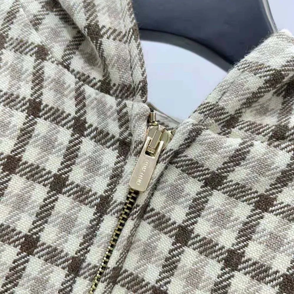 Miu Miu Check Blouson Jacket with Embroidered Logo for Women Miu Miu Check Blouson Jacket with Embroidered Logo for Women