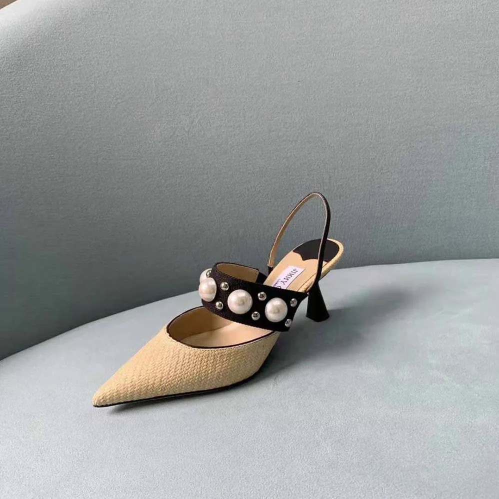 Jimmy Choo Breslin 100 Natural Raffia Slingbacks with Pearl and Stud Embellishment for Women