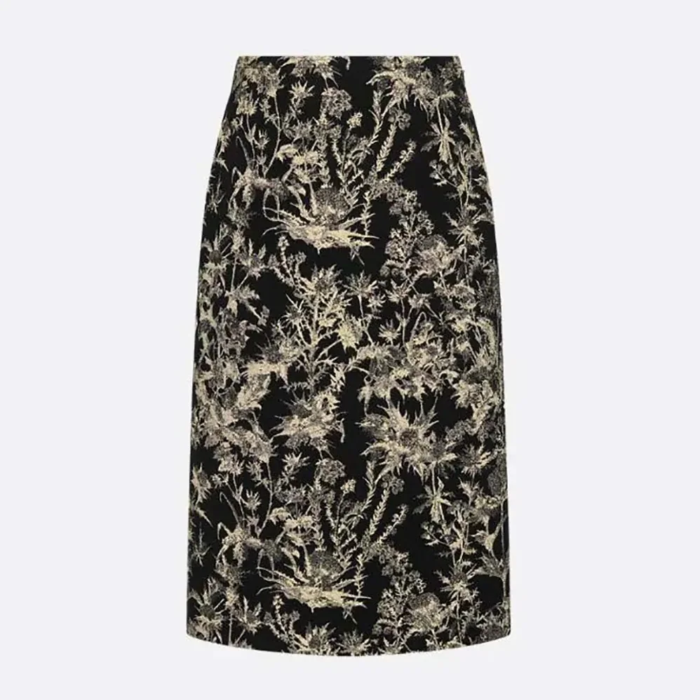 Dior Mid-Length Straight Skirt Black Technical Fabric with Gold for Women in Tone Dior Chardons Motif