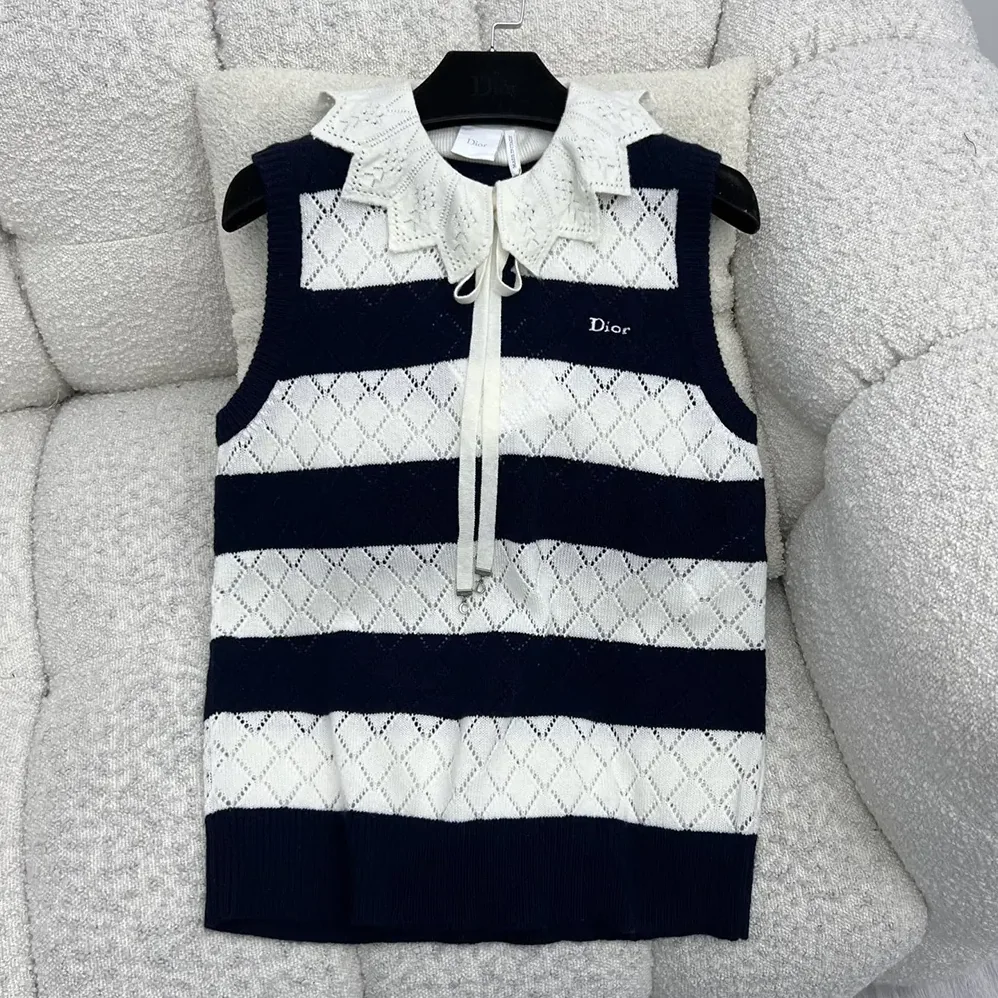 Dior Marinière Sweater Vest White and Navy Blue Openwork Cashmere Knit for Women
