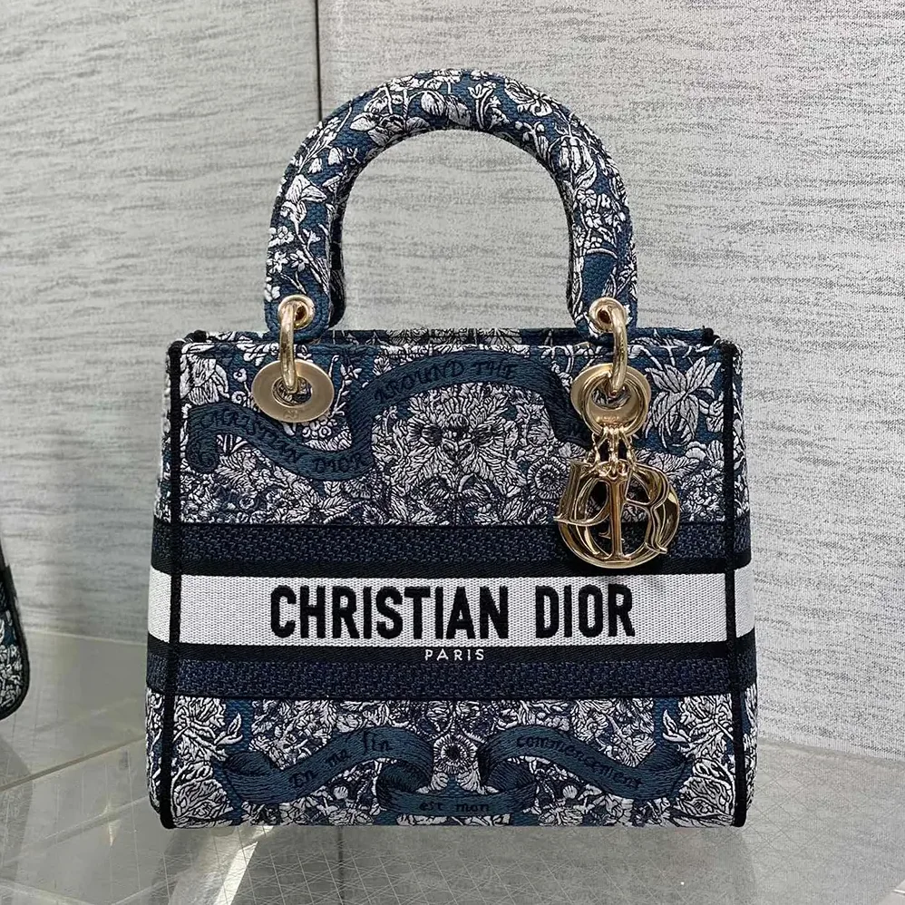 Dior Medium Lady D-Lite Bag Latte Embroidery with Blue Dior Around the World Motif for Women Dior Medium Lady D-Lite Bag Latte Embroidery with Blue Dior Around the World Motif for Women