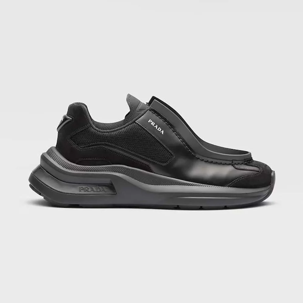 Prada Brushed Leather Sneakers with Bike Fabric and Suede Elements for Men in Black Prada Brushed Leather Sneakers with Bike Fabric and Suede Elements for Men in Black