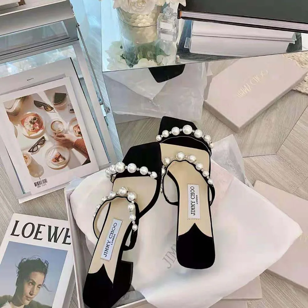 Jimmy Choo Amara 45 Black Suede Mules with Pearl Embellishment for Women Jimmy Choo Amara 45 Black Suede Mules with Pearl Embellishment for Women