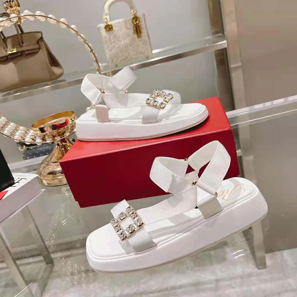 Roger Vivier Vivier Slide Trekky Strass Buckle Sandals in Fabrics for Women in White