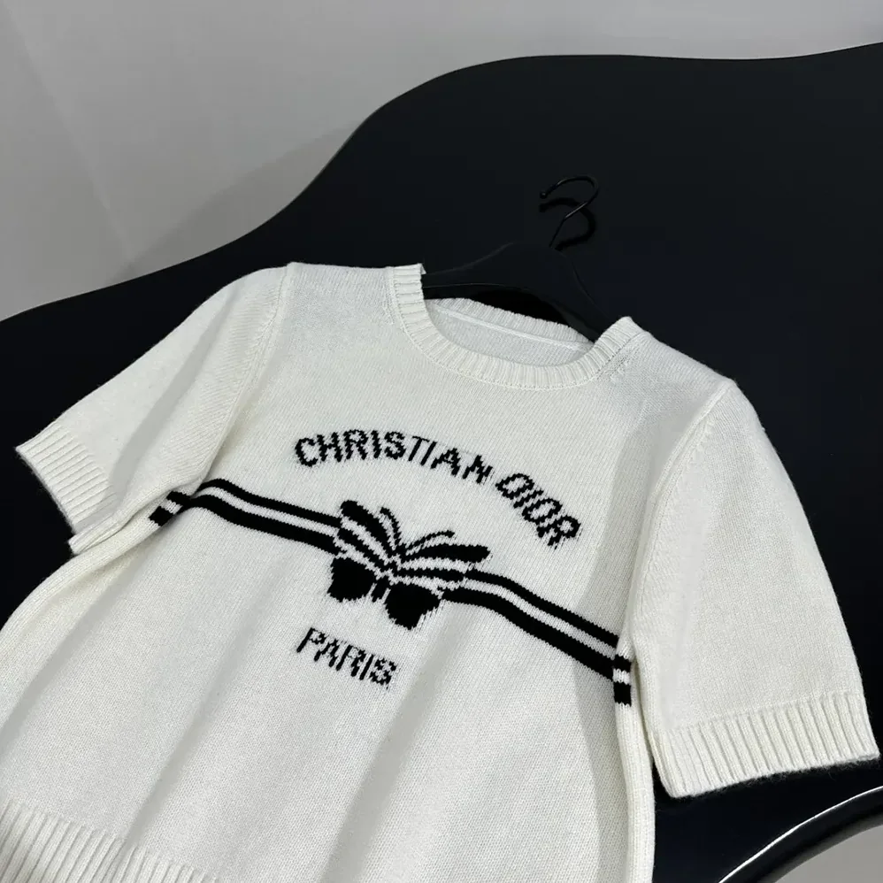 Dior Short-Sleeved Sweater White Cashmere Knit with Black Christian Dior Papillon Motif for Women