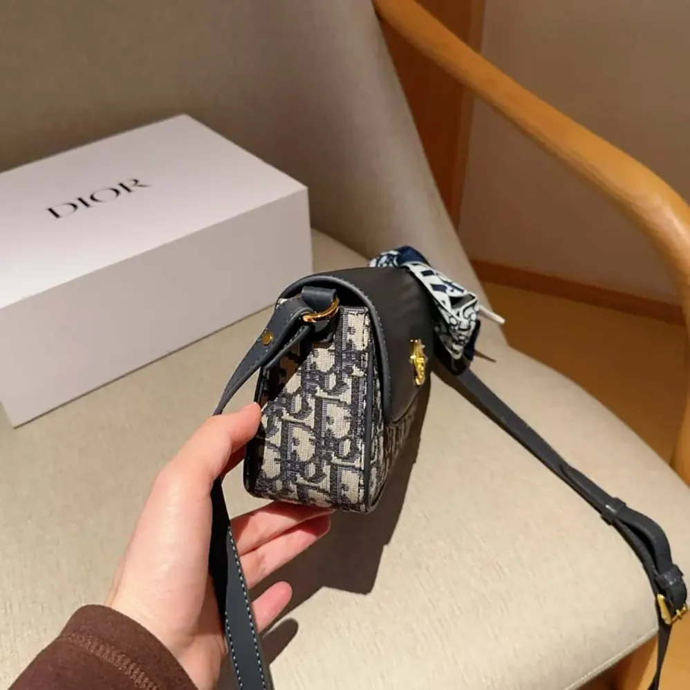 Dior Miss Caro Pouch with Chain Blue Dior Oblique Jacquard and Smooth Calfskin for Women