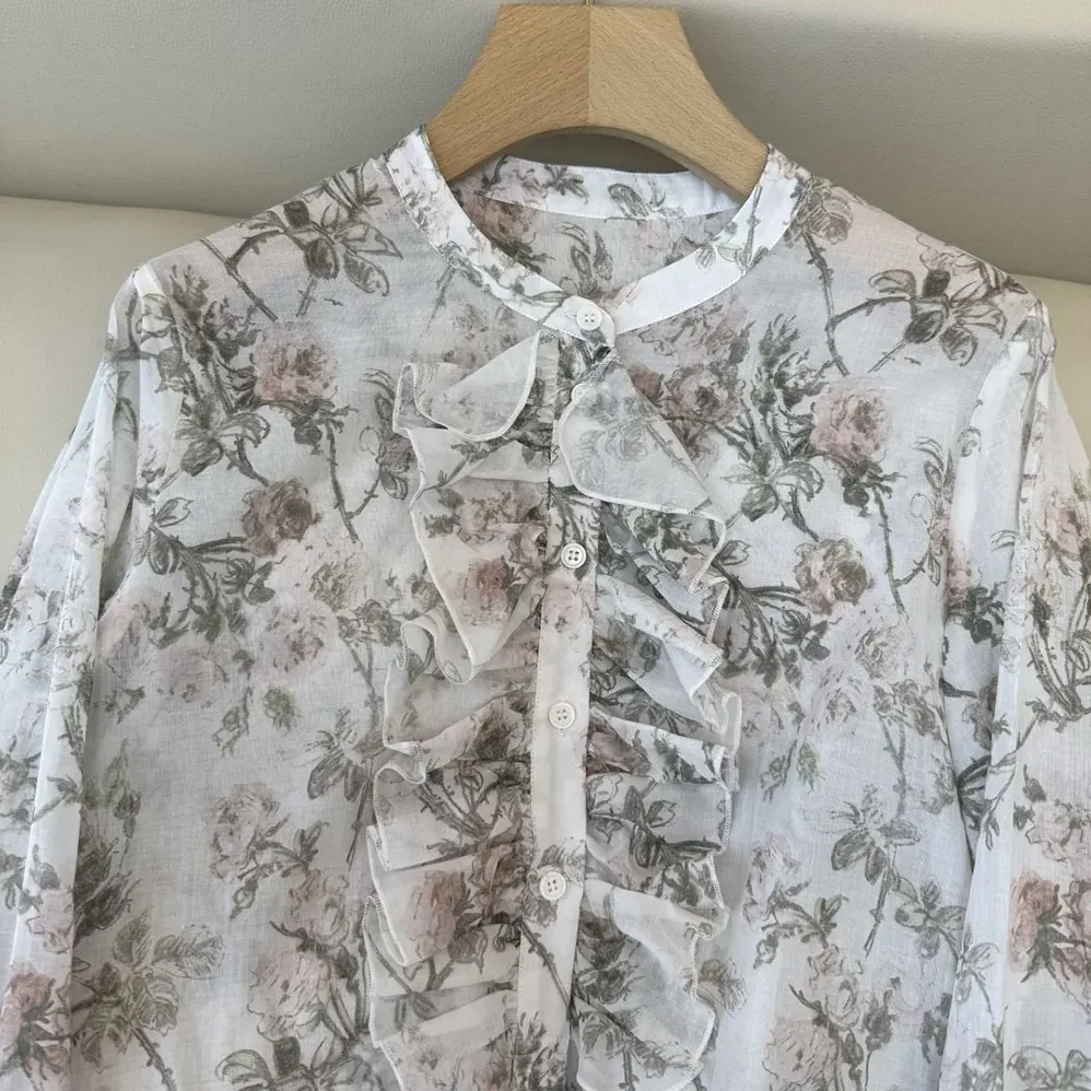 Dior Blouse White Cotton Muslin with Multicolor Rosier de Dior Motif for Women Dior Blouse White Cotton Muslin with Multicolor Rosier de Dior Motif for Women