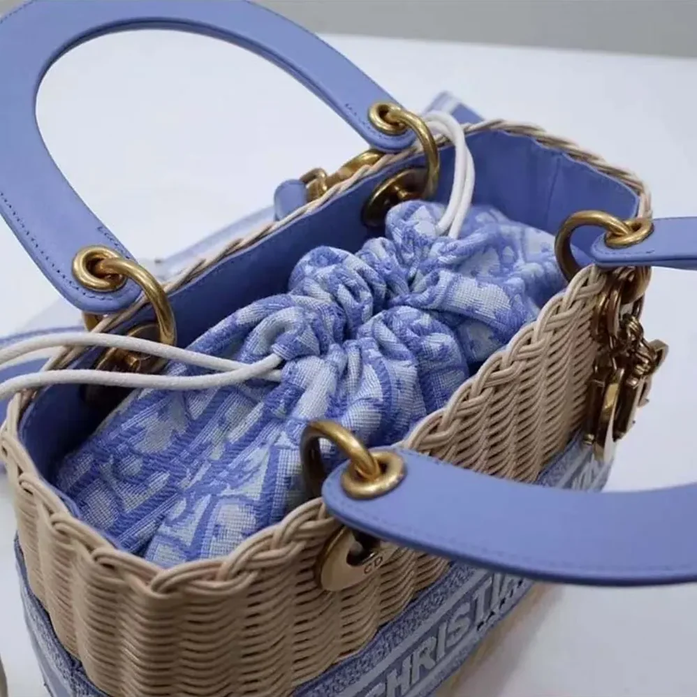 Dior Medium Lady Dior Bag Natural Wicker and Light Blue Dior Oblique Jacquard for Women