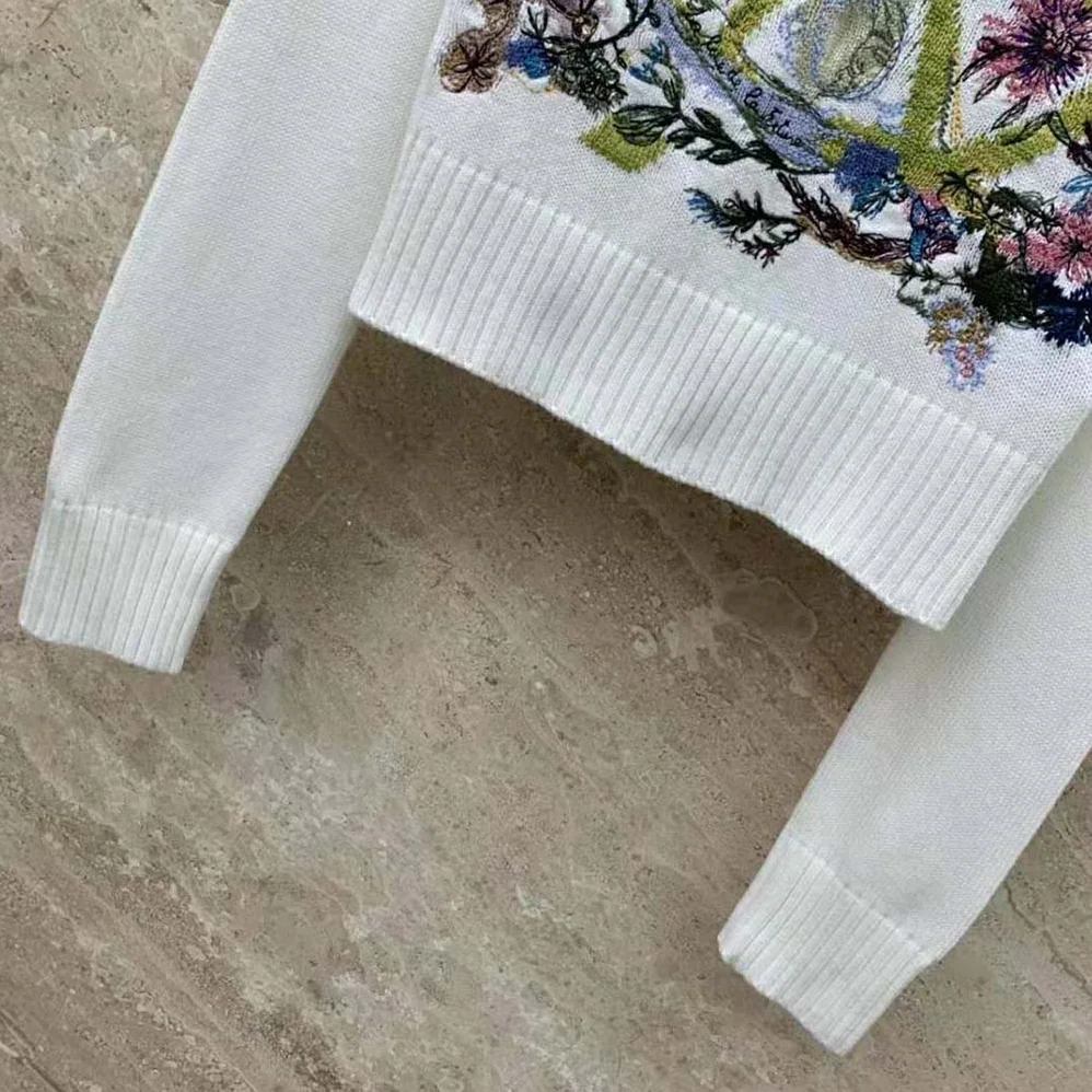 Dior Embroidered Sweater White Cashmere Knit with Multicolor Tarot La Roue de la Fortune Motif for Women