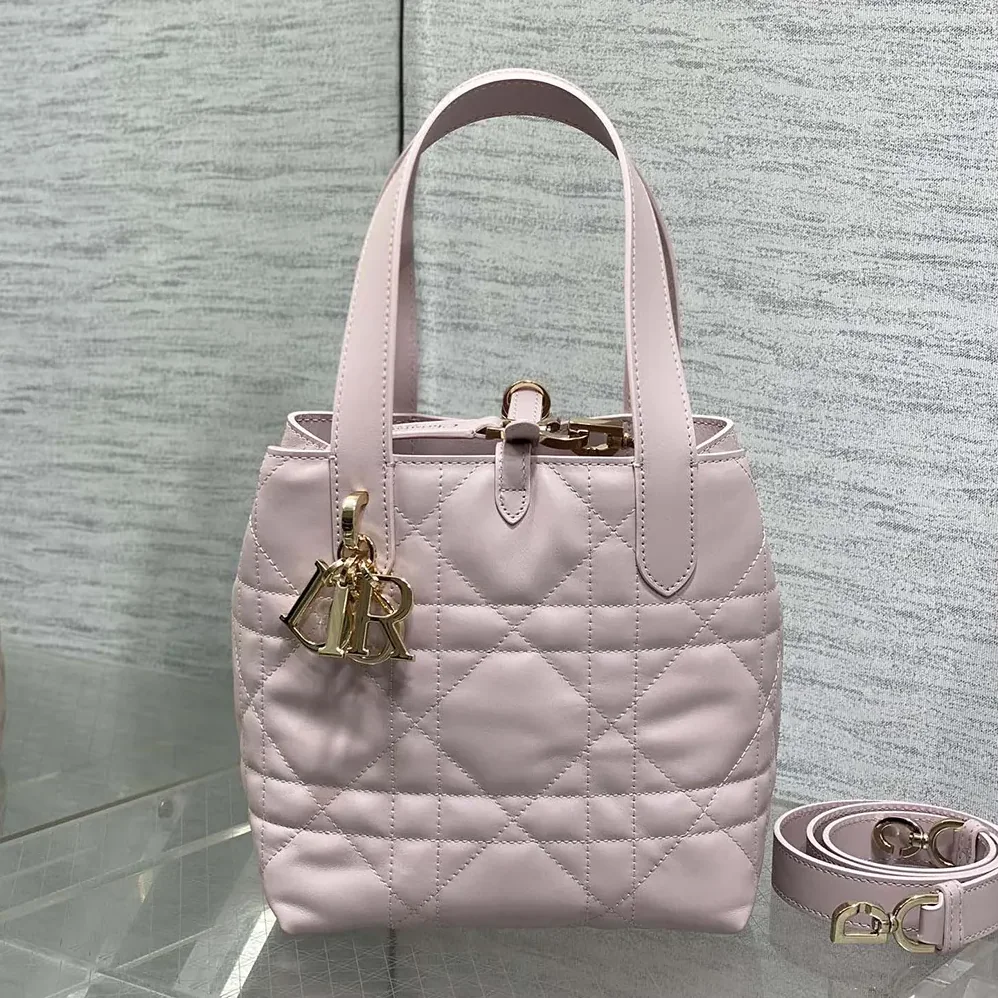 Dior Small Dior Toujours Vertical Tote Bag Pale Pink Macrocannage Calfskin for Women
