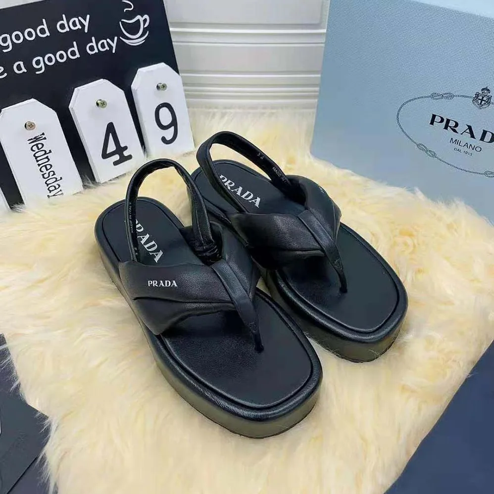 Prada Nappa Leather Thong Flatform Sandals for Women in Black