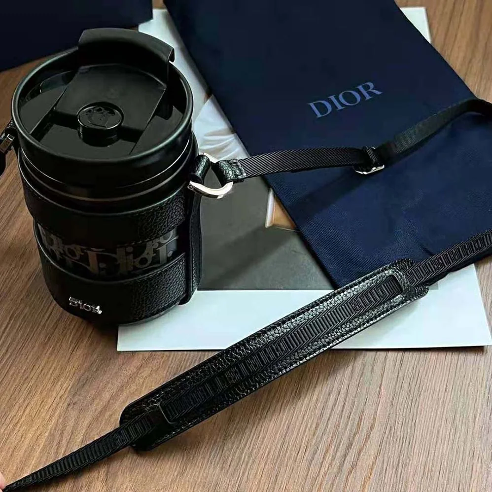 Dior Aqua Mug with Shoulder Strap Black Grained Calfskin and Dior Oblique Stainless Steel for Unisex