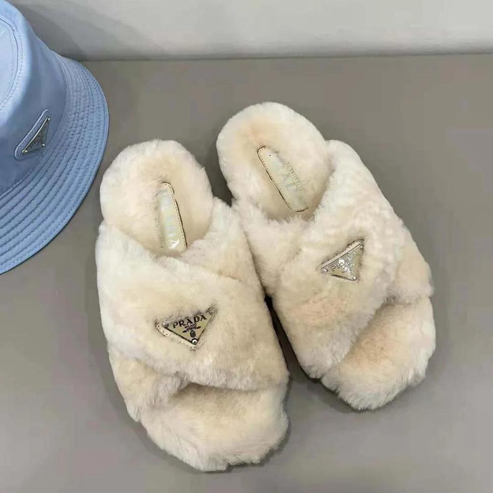 Prada Shearling Sandals in 20mm Heel for Women in Sandy