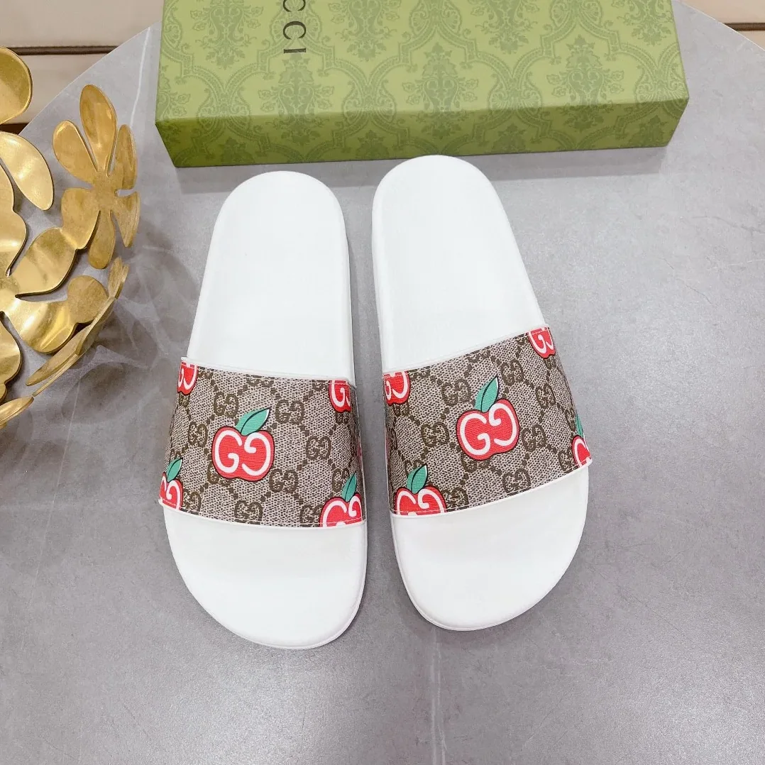 Gucci GG Slide Sandal With GG Apple White And Brown for Women Gucci GG Slide Sandal With GG Apple White And Brown for Women