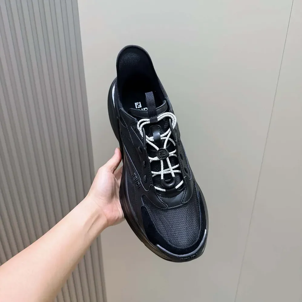 Fendi F-Light Sneakers Black Leather and Mesh Running Shoes for Unisex Fendi F-Light Sneakers Black Leather and Mesh Running Shoes for Unisex