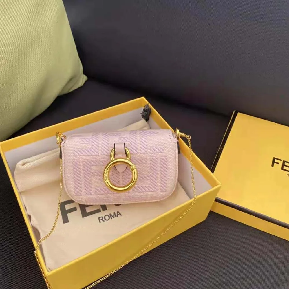 Fendi Nano Baguette Charm Pink Canvas Charm with FF Embroidery for Women Fendi Nano Baguette Charm Pink Canvas Charm with FF Embroidery for Women