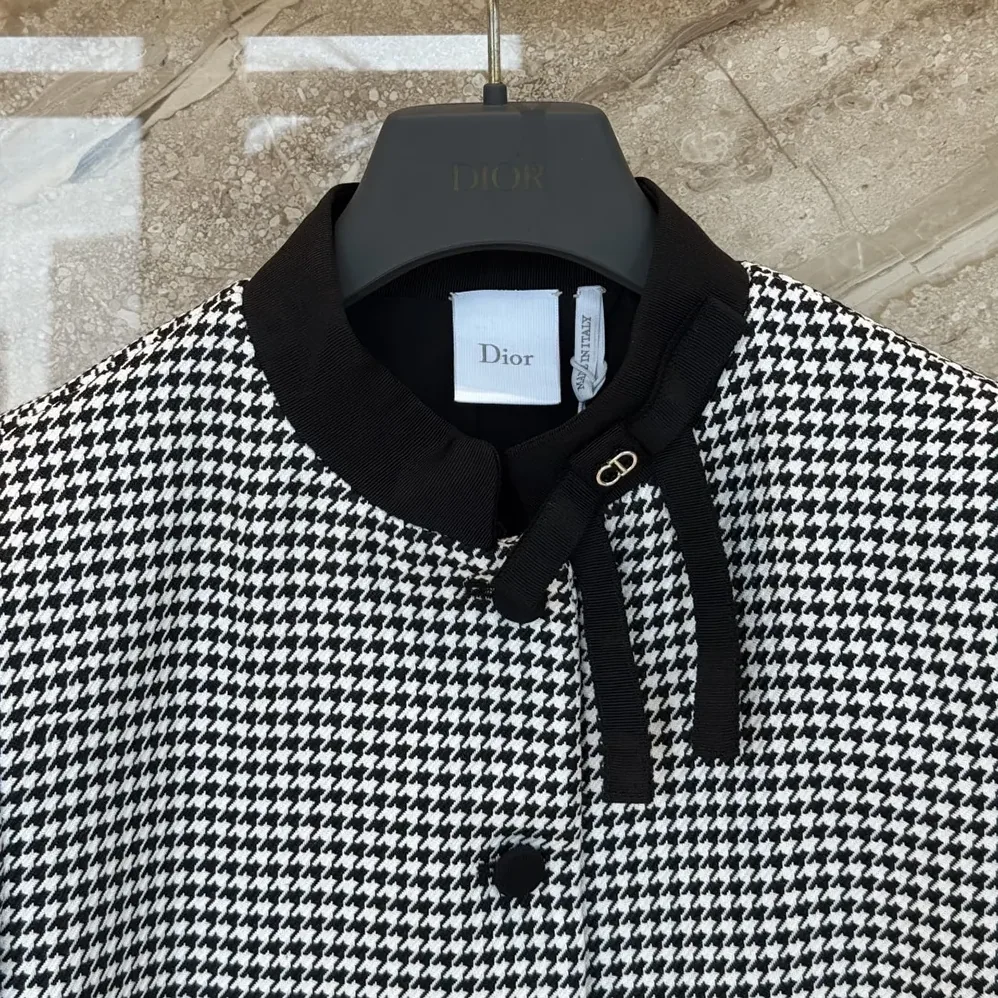 Dior Cropped Jacket Black and White Houndstooth Virgin Wool Blend for Women