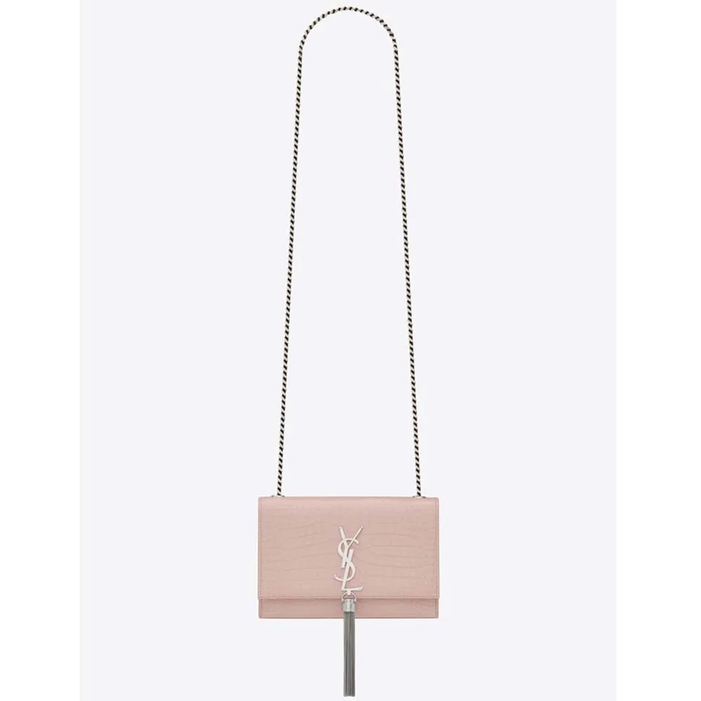 Saint Laurent YSL Kate Small Tassel Embossed Crocodile Shiny Calfskin for Women in Pink