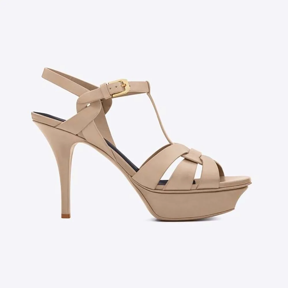 Saint Laurent YSL Tribute Platform Sandals in Smooth Leather for Women in Beige